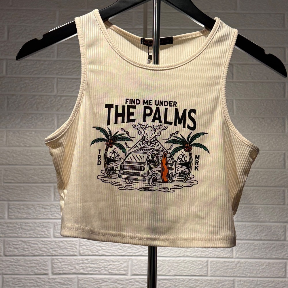 ROMWE Women's Graphic Tank Top Find Me Under the Palms Cropped Sleeveless